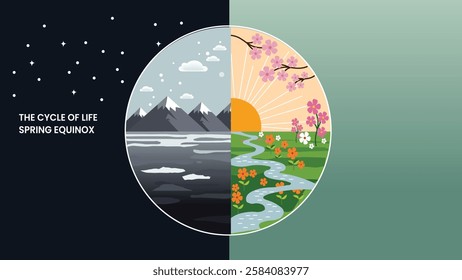 A beautiful illustration of the Spring Equinox, showing the cycle of life with contrasting scenes of winter and spring, symbolizing renewal and balance.