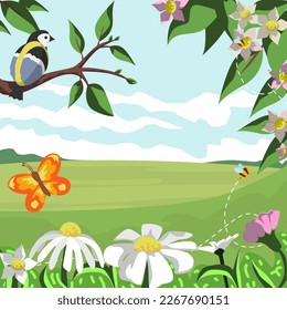 Beautiful illustration of spring nature. Bird sitting on tree while butterfly and bees flying over flowers
