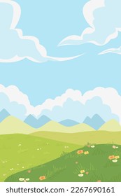 Beautiful illustration of spring nature. Flowers blooming in meadow under blue sky