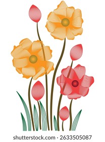 Uma bela ilustração de flores e botões estilizados em tons laranja e vermelho vibrantes, apresentando detalhes intrincados da arte da linha.