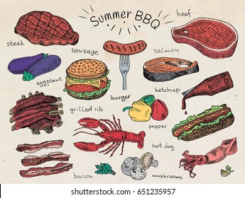 beautiful illustration summer bbq food, ribs, sausage, beef, steak, eggplant, burger, bacon, vegetables, herbs, mushroom, hot dog, lobster, calamari, squid, ketchup, salmon, pepper