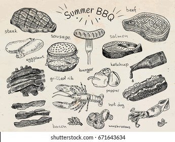 beautiful illustration summer bbq food, ribs, sausage, beef, steak, eggplant, burger, bacon, vegetables, herbs, mushroom, hot dog, lobster, calamari, squid, ketchup, salmon, pepper