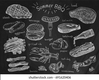 Beautiful Illustration Summer Bbq Food, Ribs, Sausage, Beef, Steak, Eggplant, Burger, Bacon, Vegetables, Herbs, Mushroom, Hot Dog, Lobster, Calamari, Ketchup, Salmon, Pepper On Chalkboard Background