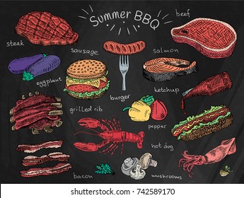 Beautiful Illustration Summer Bbq Food, Ribs, Sausage, Beef, Steak, Eggplant, Burger, Bacon, Vegetables, Herbs, Mushroom, Hot Dog, Lobster, Calamari, Ketchup, Salmon, Pepper On Chalkboard Background