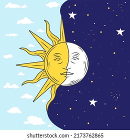 Beautiful illustration with the sun and moon on the background of the sky with clouds in vintage style. Starry sky with constellations. Hand drawn illustration with astrology elements.