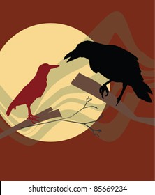 Beautiful illustration of sundown and crows silhouettes