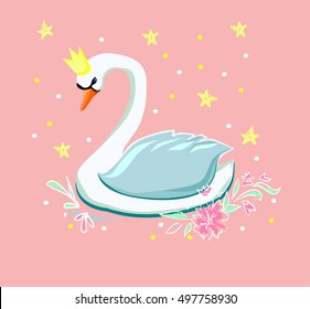beautiful illustration of a swan. Print children's T-shirt for girls. vector. Cartoon character. White bird.