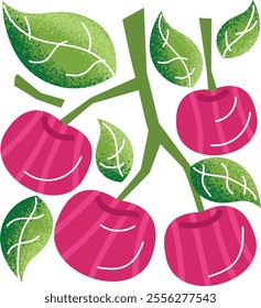 Beautiful illustration with texture. Cherry berries and leaves. Vector graphic