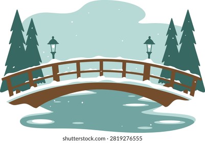A beautiful illustration of a tranquil winter scene, showcasing a snow-covered bridge gracefully arching over partially frozen water, flanked by tall fir trees and classic lanterns.