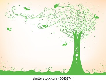 beautiful illustration of the tree with curly branches and birds sitting on them (AI8 with gradient)