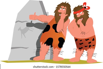 Beautiful illustration of two caveman standing and planning something