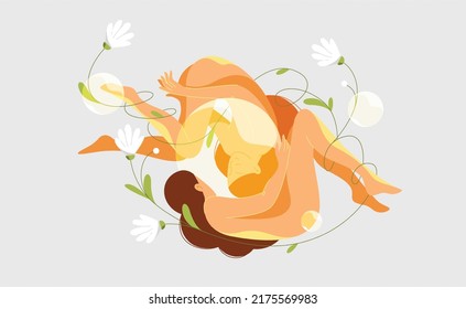 Beautiful illustration with two ladies and flowers levitating in the air.
