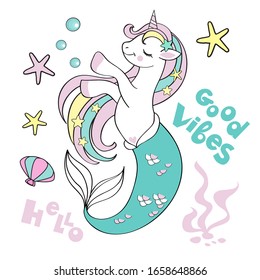 Beautiful illustration with a unicorn mermaid on a white background for children. Birthday card