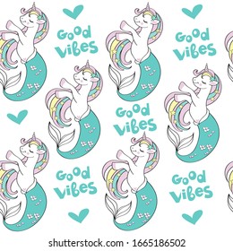 Beautiful illustration with unicorn mermaid on a white background seamless pattern for children. Birthday card