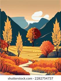 Beautiful illustration vector design of flat autumn landscape
