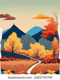 Beautiful illustration vector design of flat autumn landscape

