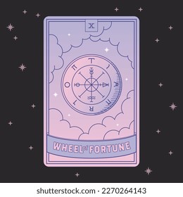 Beautiful illustration vector drawing with navy color line and pink and purple color tarot card. Wheel of Fortune with the clouds.