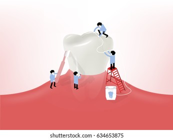 beautiful illustration vector of little dentists cleaning a giant tooth on gum, dental health design concept