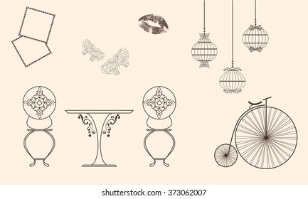 beautiful illustration in vintage style with a set of different objects.