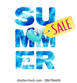 Beautiful illustration with water surface letters and sale tag on a fishtail. Ideal concept for summer promo ivent. Totally vector colorful image. 