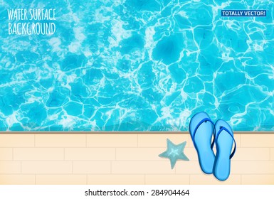 Beautiful illustration of water surface with sun reflections. Blue thongs and a starfish left by a swimmer. Totally vector colorful  image. Ideal swimming pool, watermark and embankment background. 