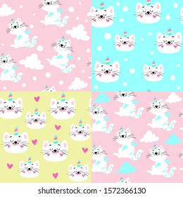 Beautiful illustration with a white cat unicorn and clouds collection on a blue, pink and yellow background seamless pattern