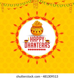 A beautiful illustration,poster or banner with decorated frame,pot filled with gold coins of indian dhanteras diwali festival celebration background.Happy dhanteras