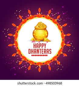 A beautiful illustration,poster or banner with decorated frame,pot filled with gold coins of indian dhanteras diwali festival celebration background.Happy dhanteras