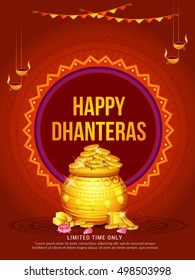 A beautiful illustration,poster or banner with decorated frame,pot filled with gold coins of indian dhanteras diwali festival celebration background.Happy dhanteras