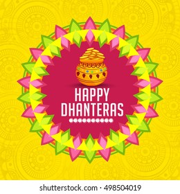 A beautiful illustration,poster or banner with decorated frame,pot filled with gold coins of indian dhanteras diwali festival celebration background.Happy dhanteras