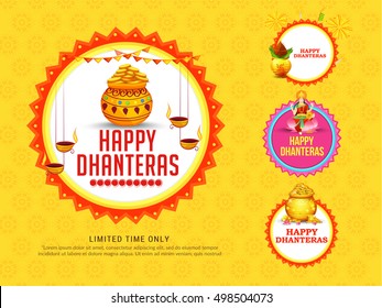 A beautiful illustration,poster or banner with decorated frame,pot filled with gold coins of indian dhanteras diwali festival celebration background.Happy dhanteras