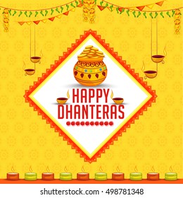 A beautiful illustration,poster or banner with decorated frame,pot filled with gold coins of indian dhanteras diwali festival celebration background.Happy dhanteras
