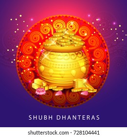 A beautiful illustration,poster or banner with decorated frame,pot filled with gold coins of indian dhanteras diwali festival celebration background.Happy dhanteras.