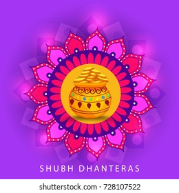 A beautiful illustration,poster or banner with decorated frame,pot filled with gold coins of indian dhanteras diwali festival celebration background.Happy dhanteras.