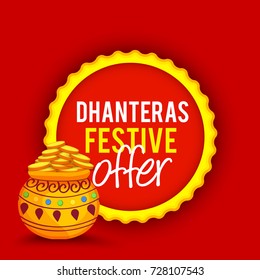 A beautiful illustration,poster or banner with decorated frame,pot filled with gold coins of indian dhanteras diwali festival celebration background.Happy dhanteras.