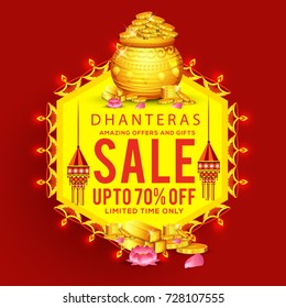 A beautiful illustration,poster or banner with decorated frame,pot filled with gold coins of indian dhanteras diwali festival celebration background.Happy dhanteras.