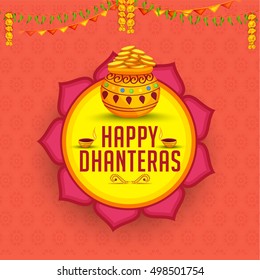 A beautiful illustration,poster or banner with decorated pot filled with gold coins of indian dhanteras diwali festival celebration background.Happy dhanteras