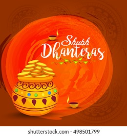 A beautiful illustration,poster or banner with decorated pot filled with gold coins of indian dhanteras diwali festival celebration background.Happy dhanteras