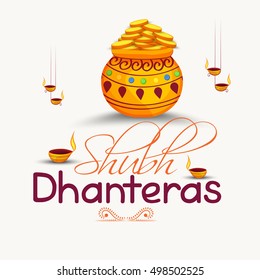 A beautiful illustration,poster or banner with decorated pot filled with gold coins of indian dhanteras diwali festival celebration background.Happy dhanteras