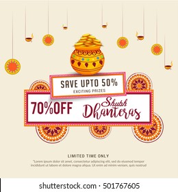 A beautiful illustration,poster or banner with decorated pot filled with gold coins for indian festival of dhanteras diwali celebration background.Happy dhanteras