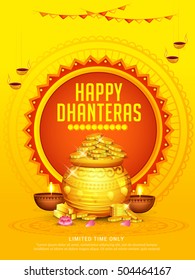 A beautiful illustration,poster or banner with decorated pot filled with gold coins of indian dhanteras diwali festival celebration background.Happy dhanteras