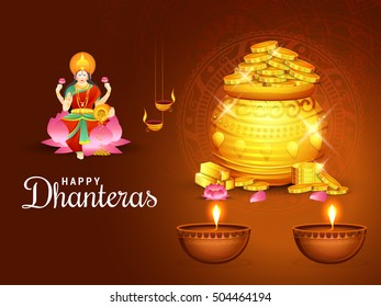 A beautiful illustration,poster or banner with decorated pot filled with gold coins of indian dhanteras diwali festival celebration background.Happy dhanteras