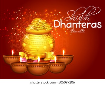 A beautiful illustration,poster or banner with decorated pot filled with gold coins of indian dhanteras diwali festival celebration background.Happy dhanteras