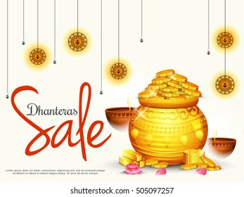 A beautiful illustration,poster or banner with decorated pot filled with gold coins of indian dhanteras diwali festival celebration background.Happy dhanteras