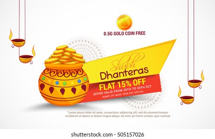 A beautiful illustration,poster or banner with decorated pot filled with gold coins of indian dhanteras diwali festival celebration background.Happy dhanteras