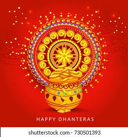 A beautiful illustration,poster or banner with decorated pot filled with gold coins of indian dhanteras diwali festival celebration background.Happy dhanteras