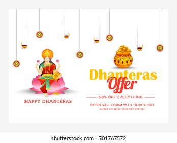 A beautiful illustration,poster or banner with goddess laxmi,golden shiny pot filled with gold coins for indian festival of dhanteras diwali celebration background.Happy dhanteras