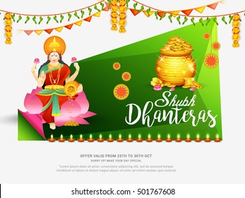 A beautiful illustration,poster or banner with goddess laxmi,golden shiny pot filled with gold coins for indian festival of dhanteras diwali celebration background.Happy dhanteras