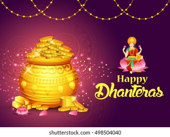 A beautiful illustration,poster or banner with goddess maa laxmi of indian dhanteras festival celebration background.Happy dhanteras