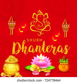 A Beautiful Illustration,Poster Or Banner With Goddess Maa Laxmi Of Indian Dhanteras Festival Background.